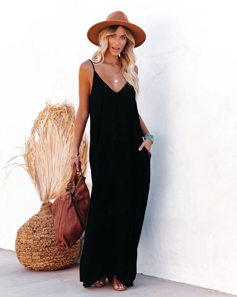 Poetsky Womens Casual Beach Pockets Flowy Floor Length Tank Cami Dresses (XL, Black) - Image 2